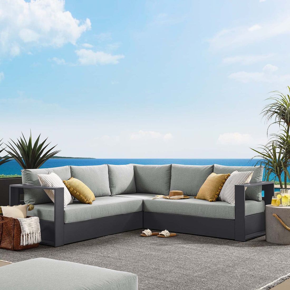 Tahoe Outdoor Patio Powder-Coated Aluminum 3-Piece Sectional Sofa Set By HouseBean