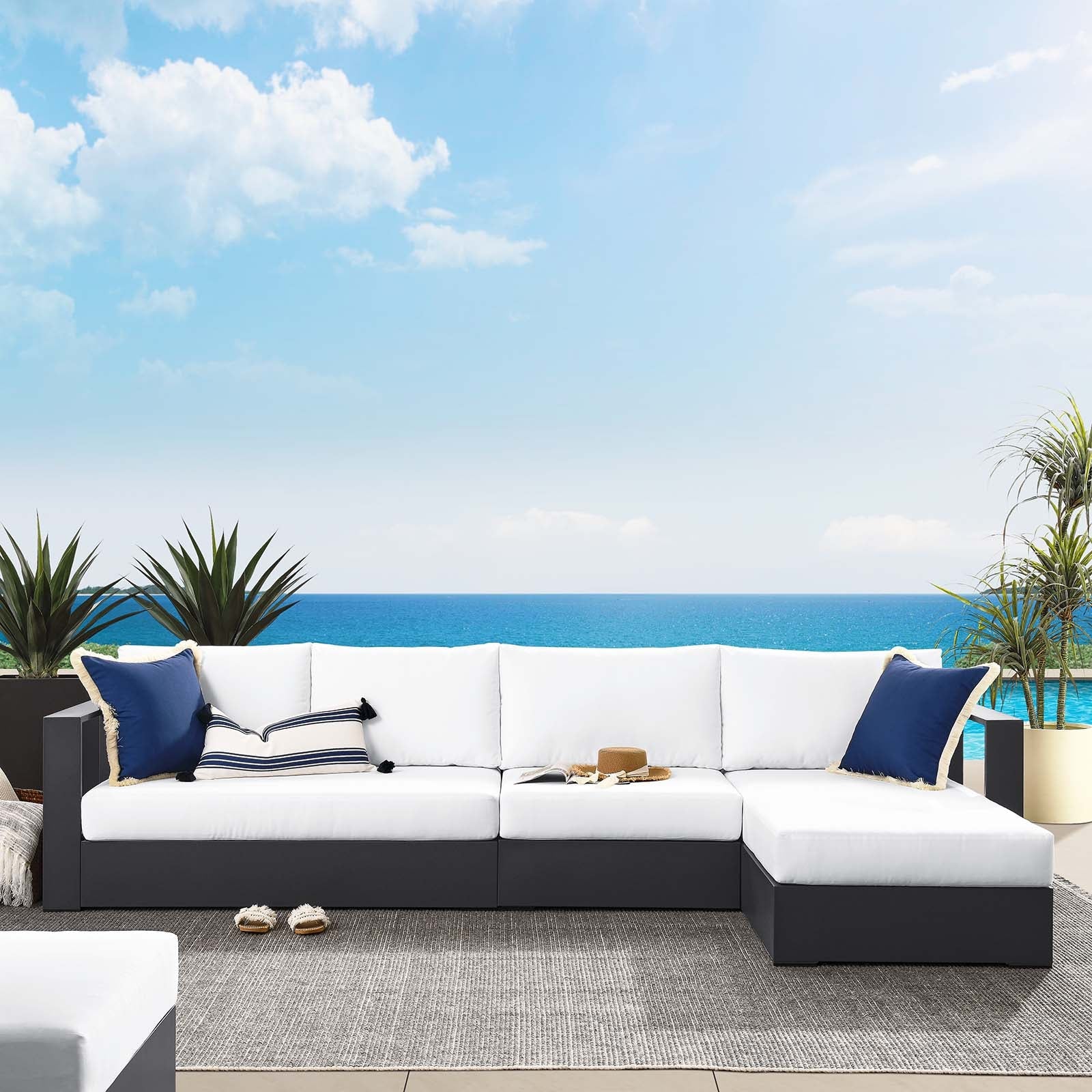 Tahoe Outdoor Patio Powder-Coated Aluminum 3-Piece Right-Facing Chaise Sectional Sofa Set By HouseBean