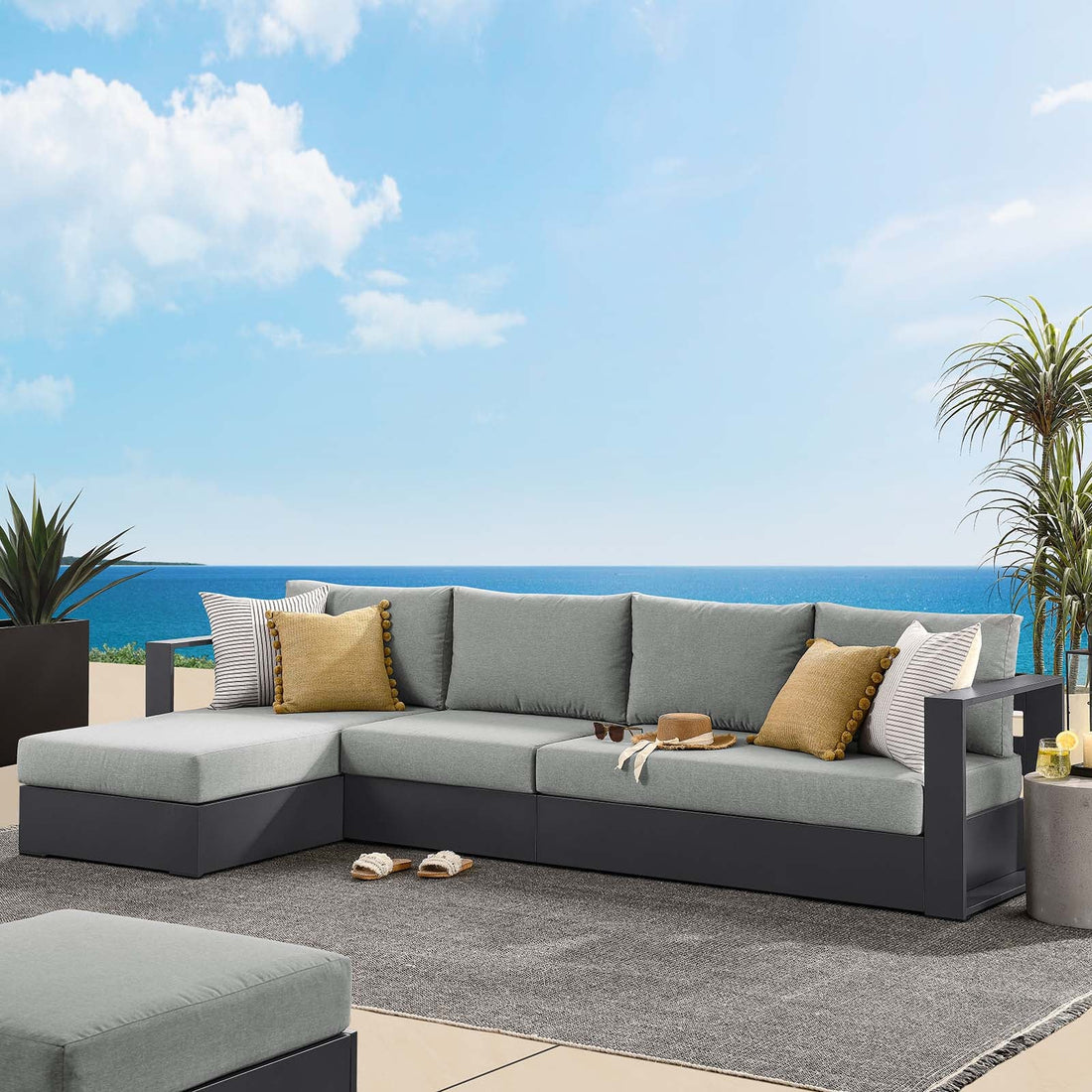 Tahoe Outdoor Patio Powder-Coated Aluminum 3-Piece Left-Facing Chaise Sectional Sofa Set By HouseBean