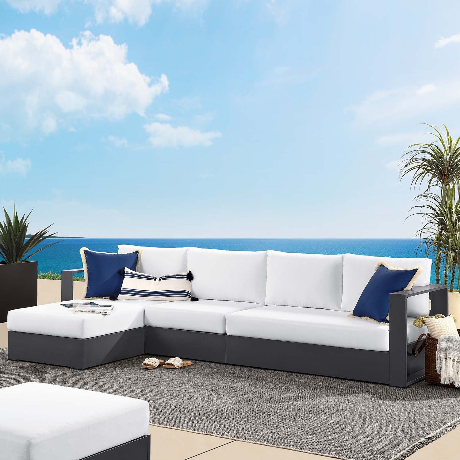 Tahoe Outdoor Patio Powder-Coated Aluminum 3-Piece Left-Facing Chaise Sectional Sofa Set By HouseBean