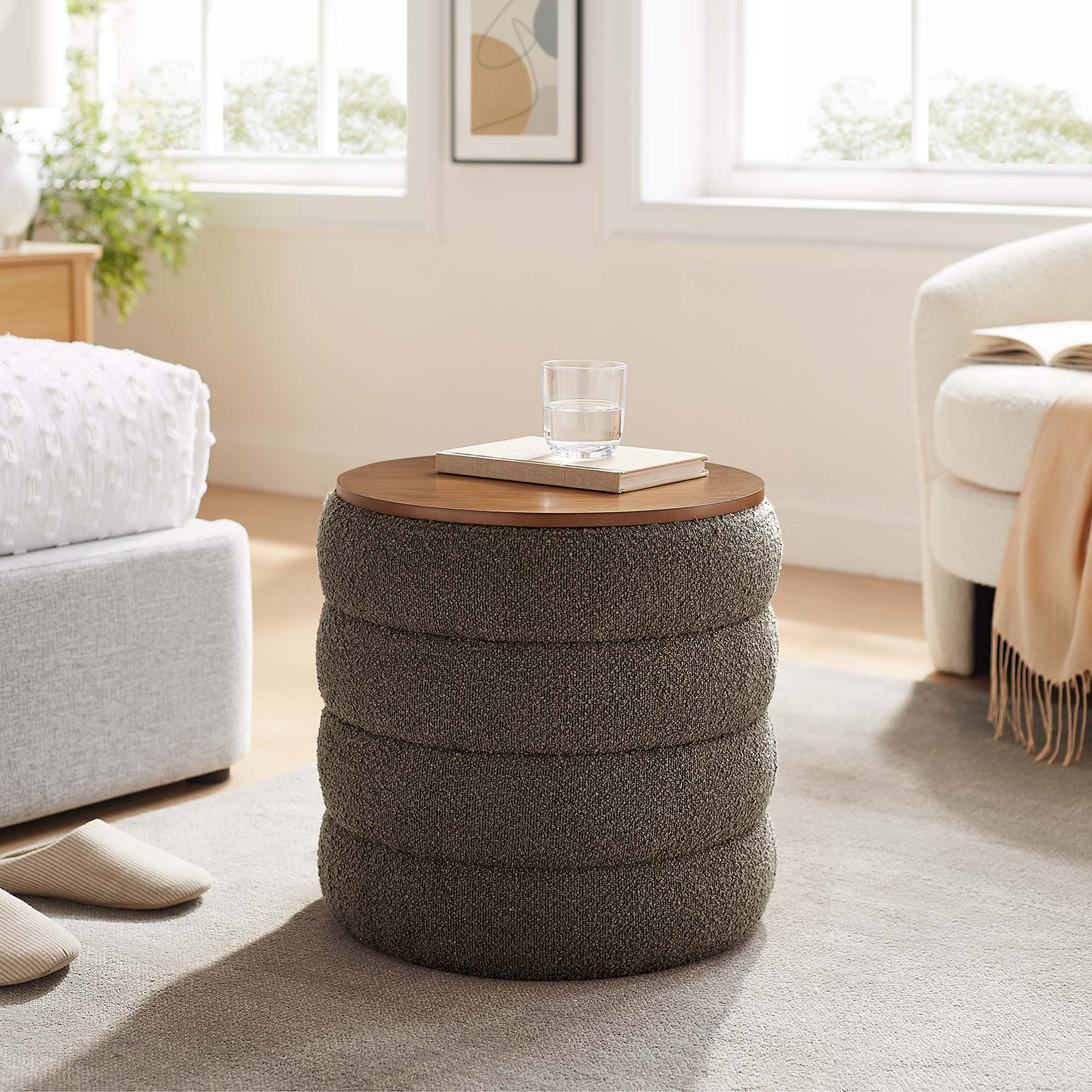 Mezzo Round Boucle Fabric Storage Ottoman