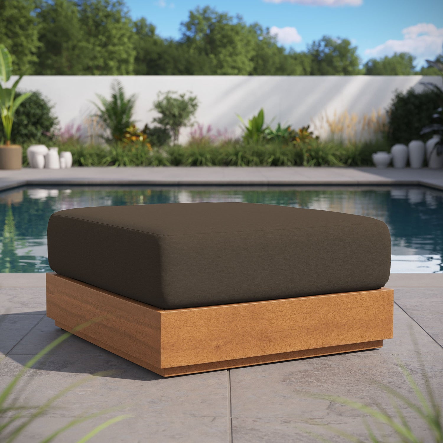 Tahoe Outdoor Patio Acacia Wood Ottoman by Modway