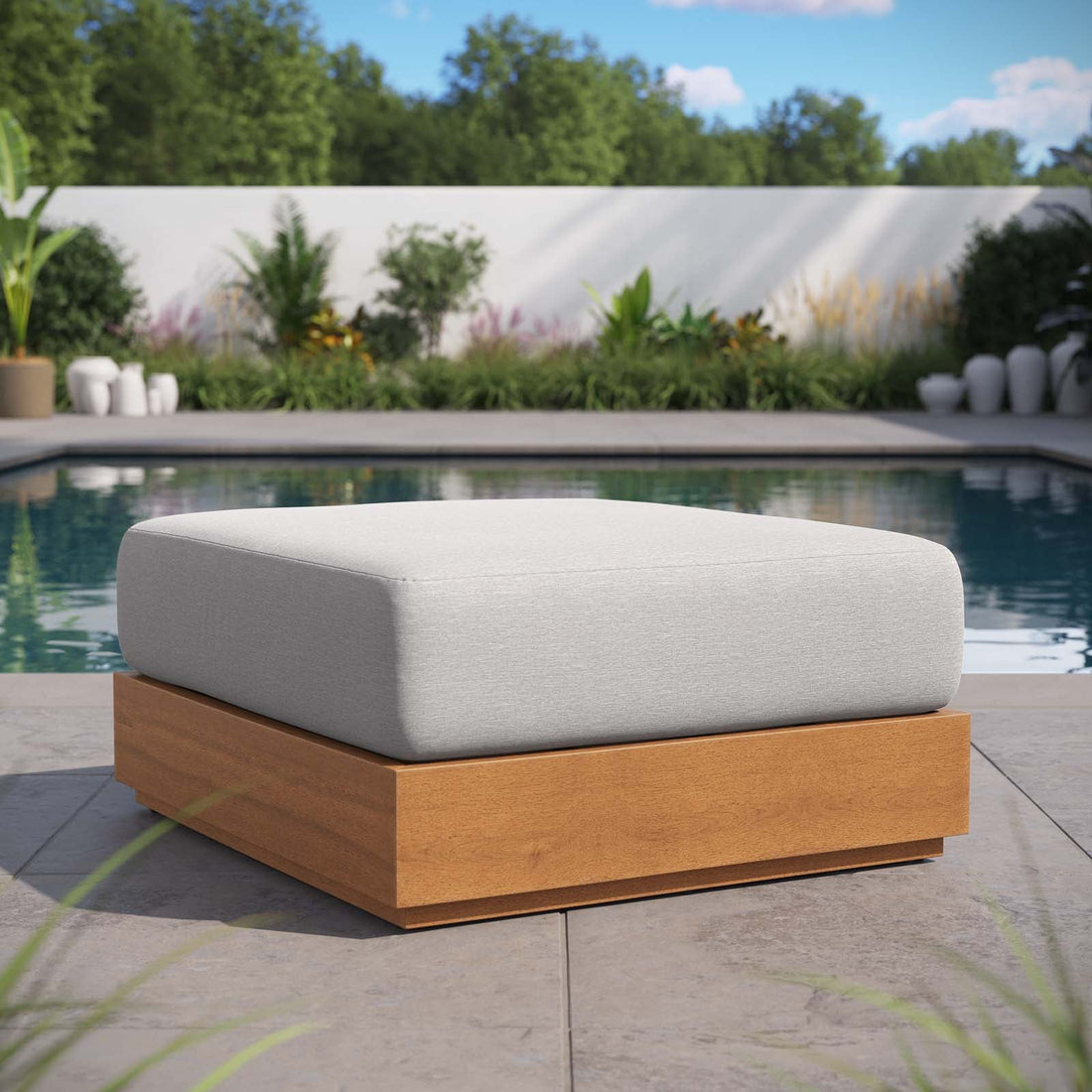 Tahoe Outdoor Patio Acacia Wood Ottoman By HouseBean