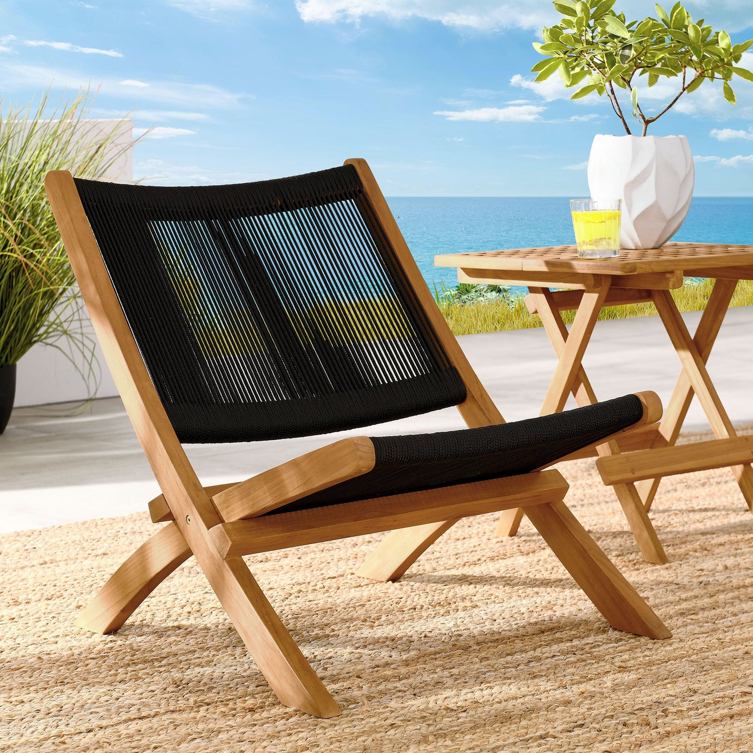 Vienna Outdoor Patio Teak and Rope Folding Accent Lounge Chair By HouseBean