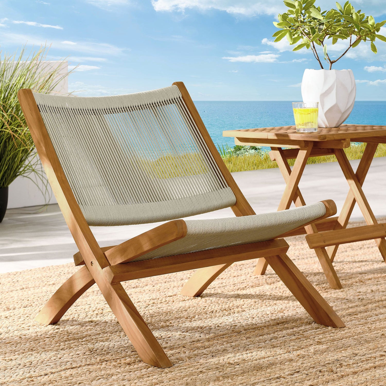 Vienna Outdoor Patio Teak and Rope Folding Accent Lounge Chair By HouseBean