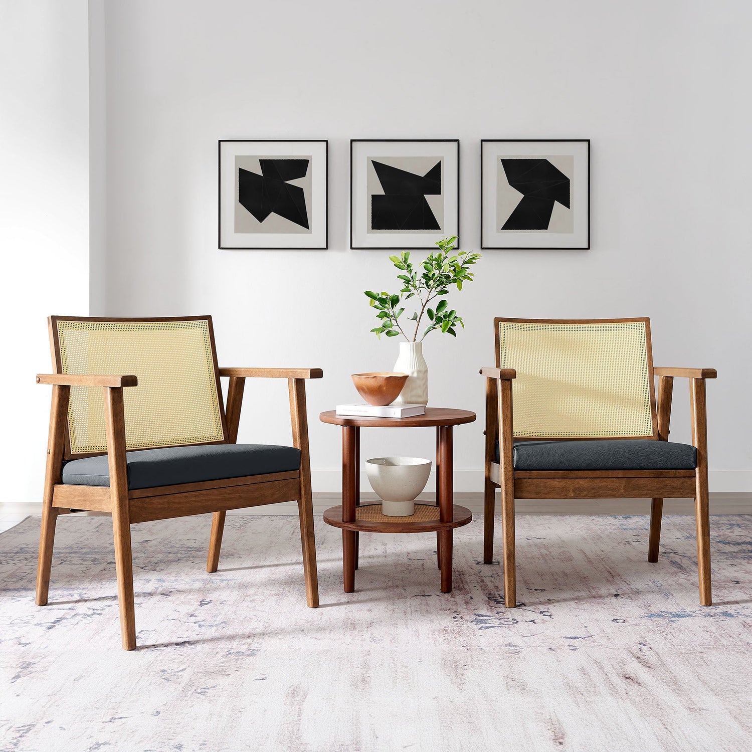 Thera Vegan Leather and Cane Accent Armchairs Set of 2 By HouseBean