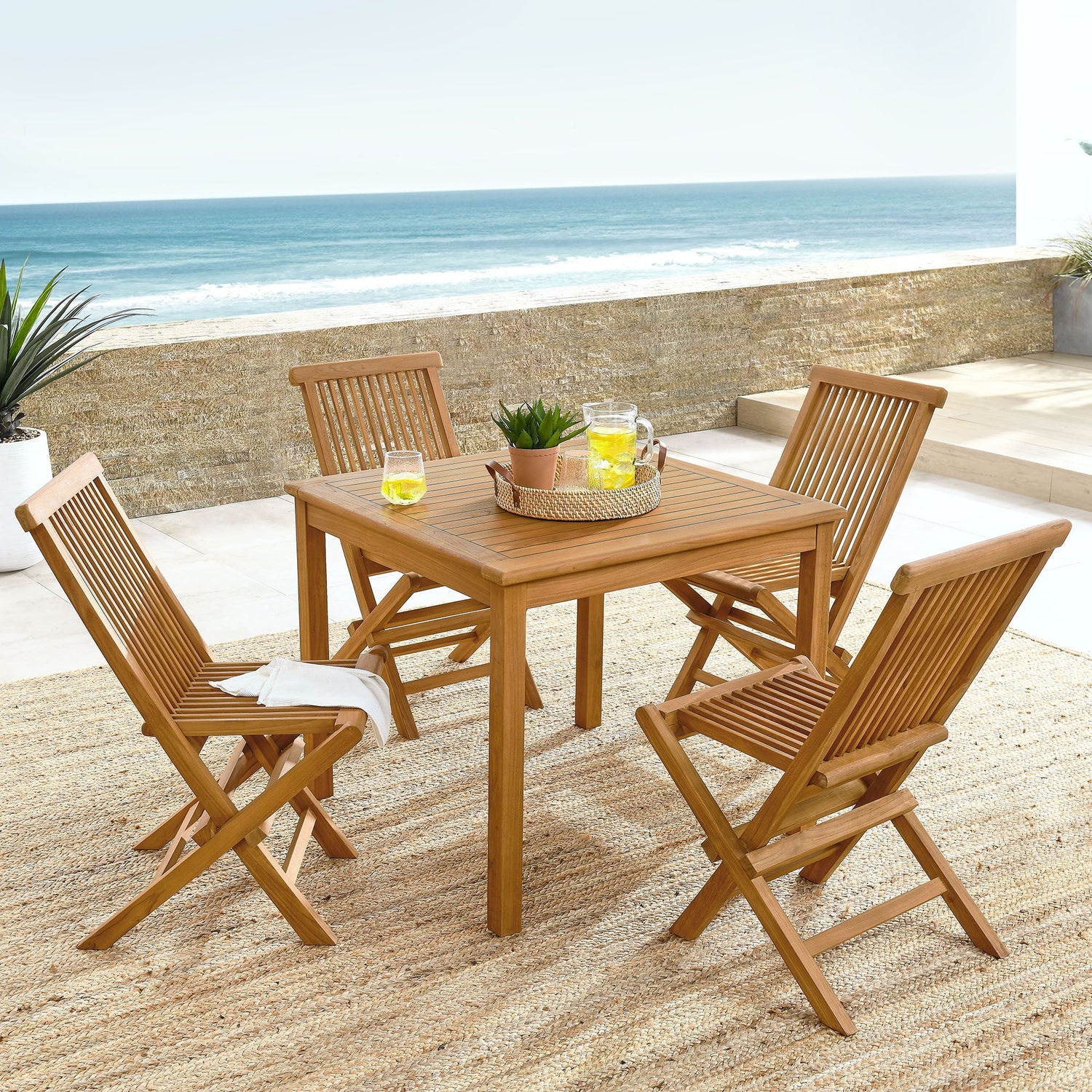 Vienna 5-Piece Outdoor Patio Teak Wood Dining Set with Folding Chairs By HouseBean