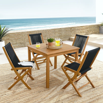 Vienna 5-Piece Outdoor Patio Teak Wood Dining Set with Rope Folding Chairs By HouseBean