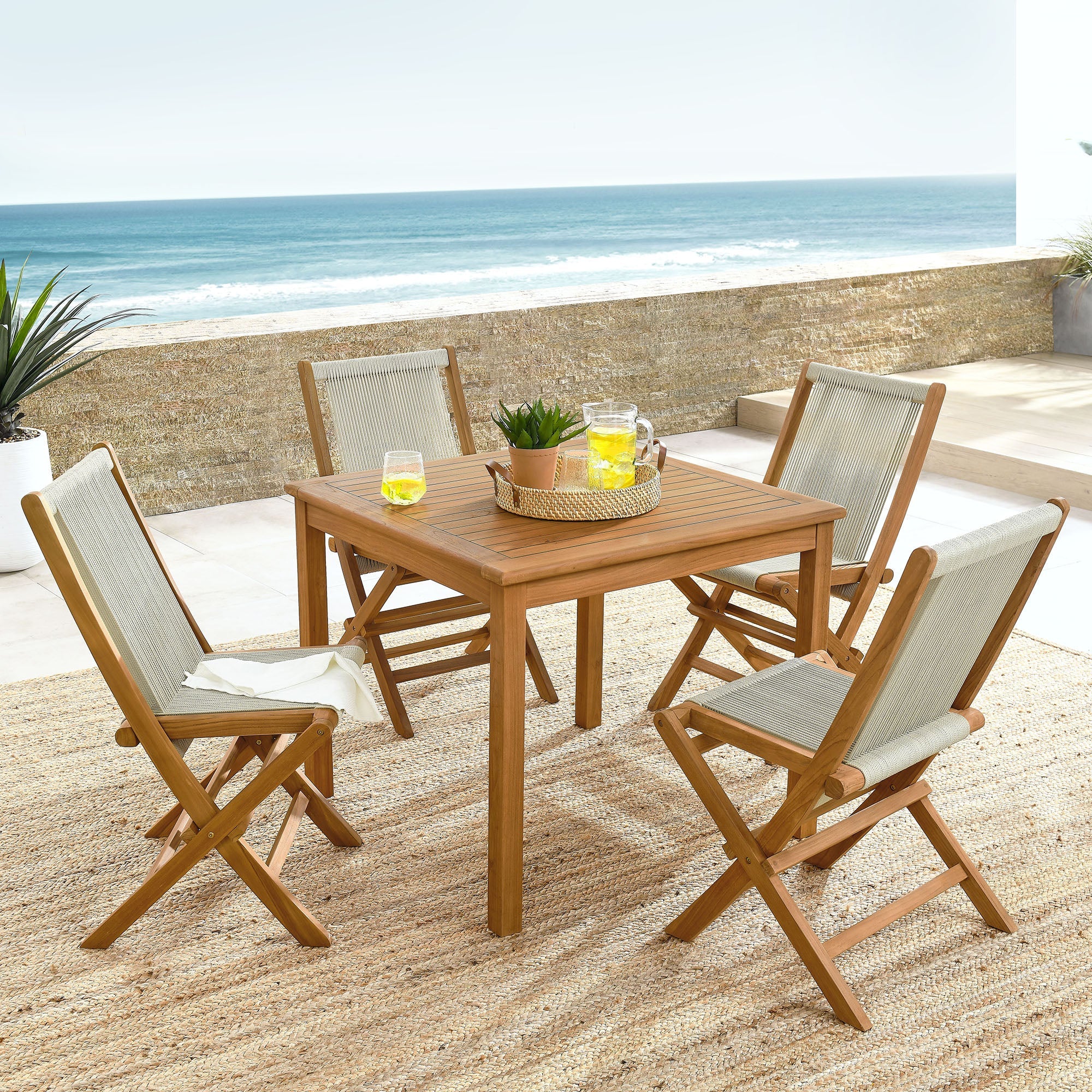 Vienna 5-Piece Outdoor Patio Teak Wood Dining Set with Rope Folding Chairs By HouseBean