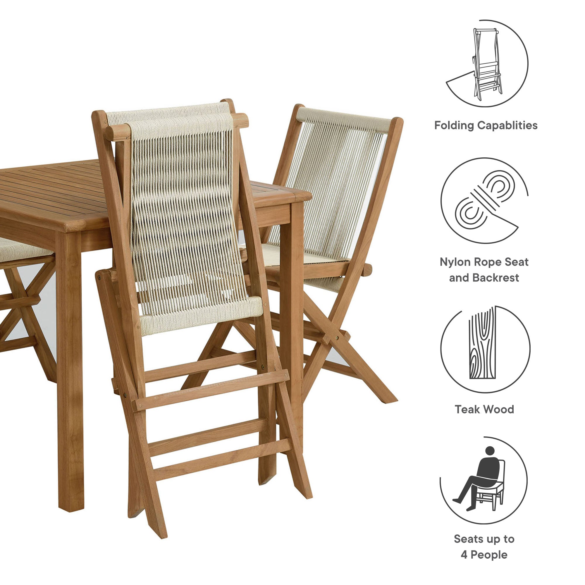 Vienna 5-Piece Outdoor Patio Teak Wood Dining Set with Rope Folding Chairs By HouseBean