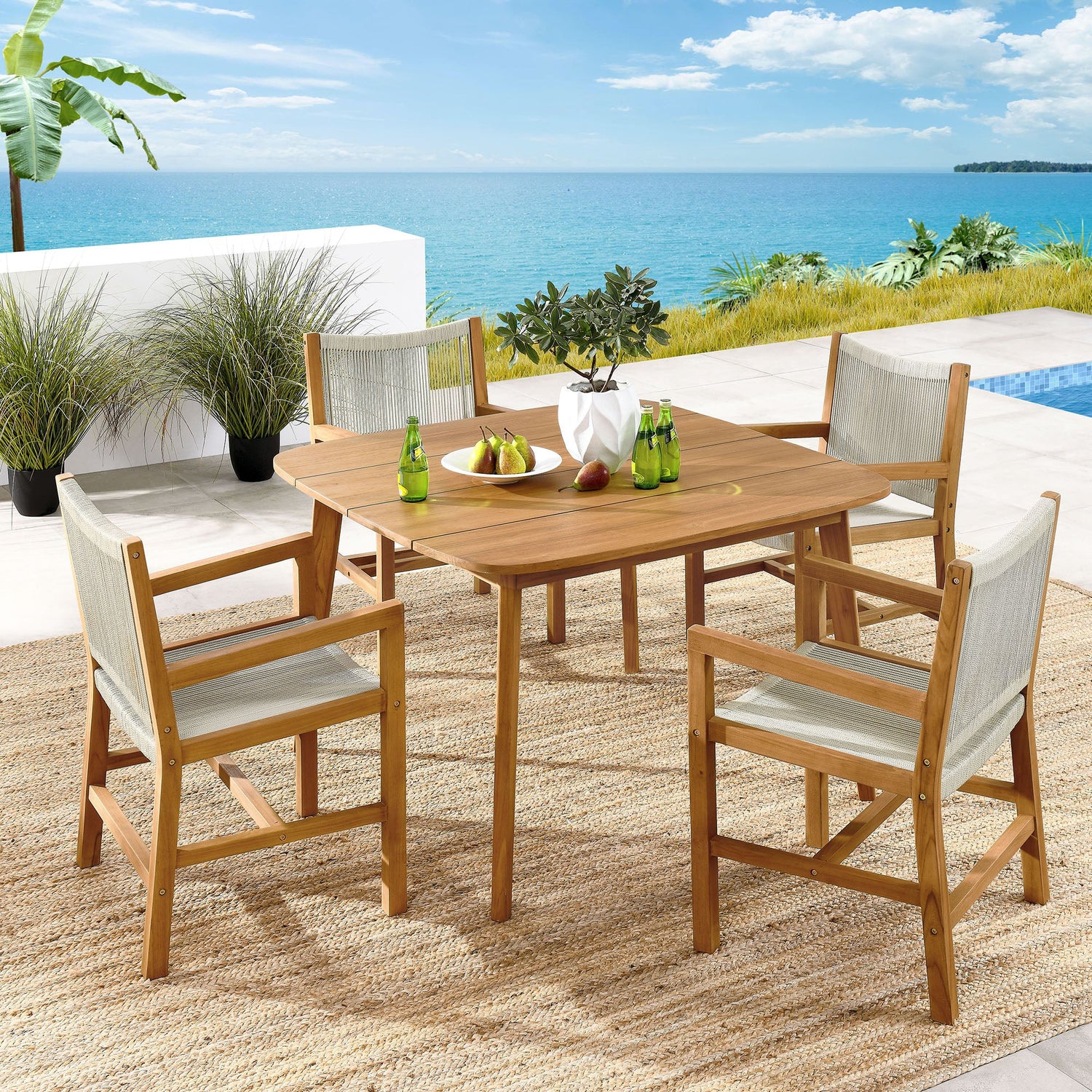 Vienna 5-Piece Outdoor Patio Teak and Rope Dining Set with Armchairs By HouseBean