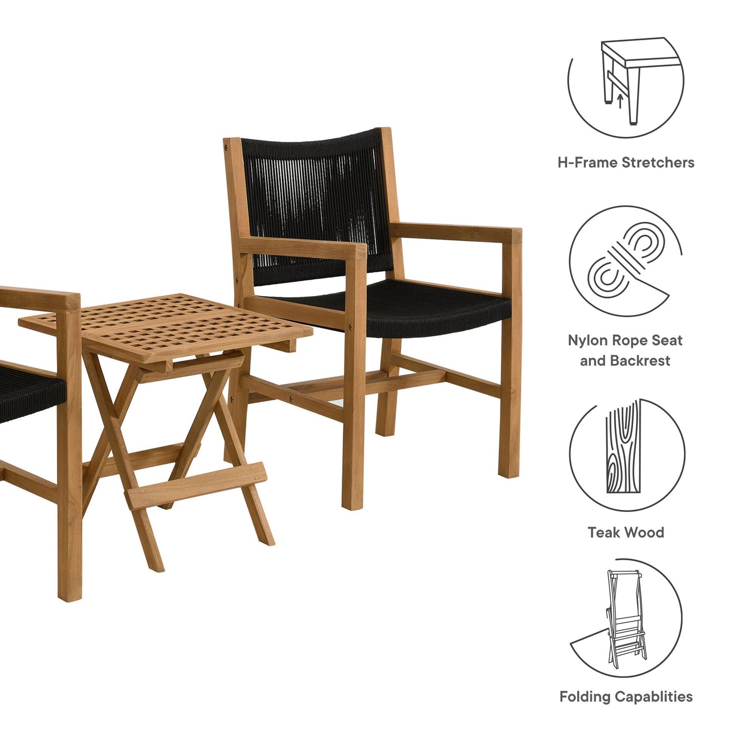 Vienna 3-Piece Outdoor Patio Teak and Rope Armchairs with Folding Side Table By HouseBean