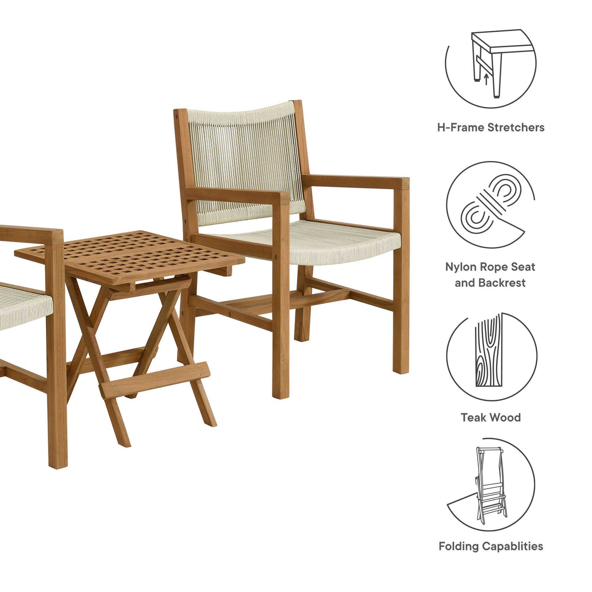 Vienna 3-Piece Outdoor Patio Teak and Rope Armchairs with Folding Side Table By HouseBean