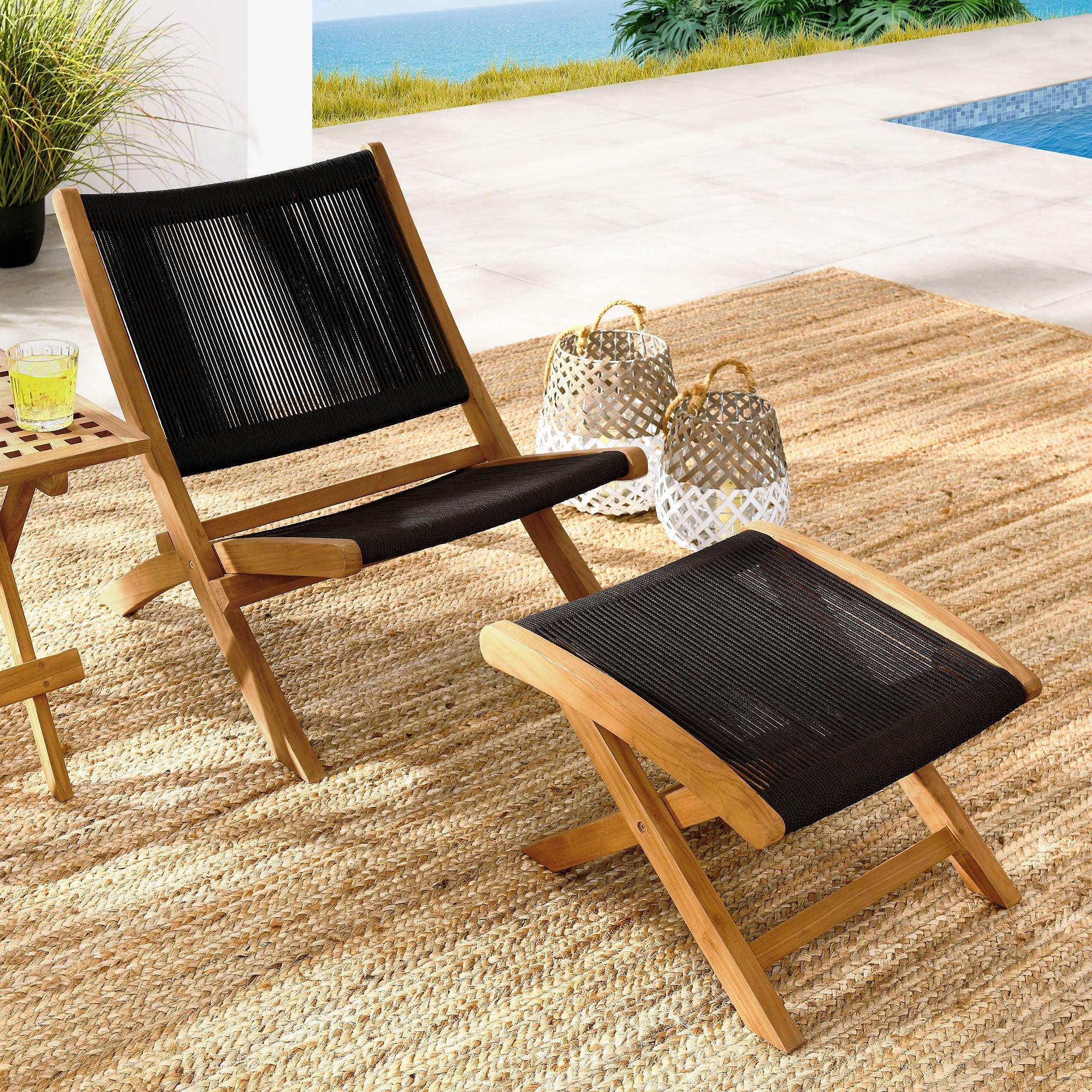 Vienna 2-Piece Outdoor Patio Teak and Rope Folding Accent Lounge Chair and Ottoman Set By HouseBean