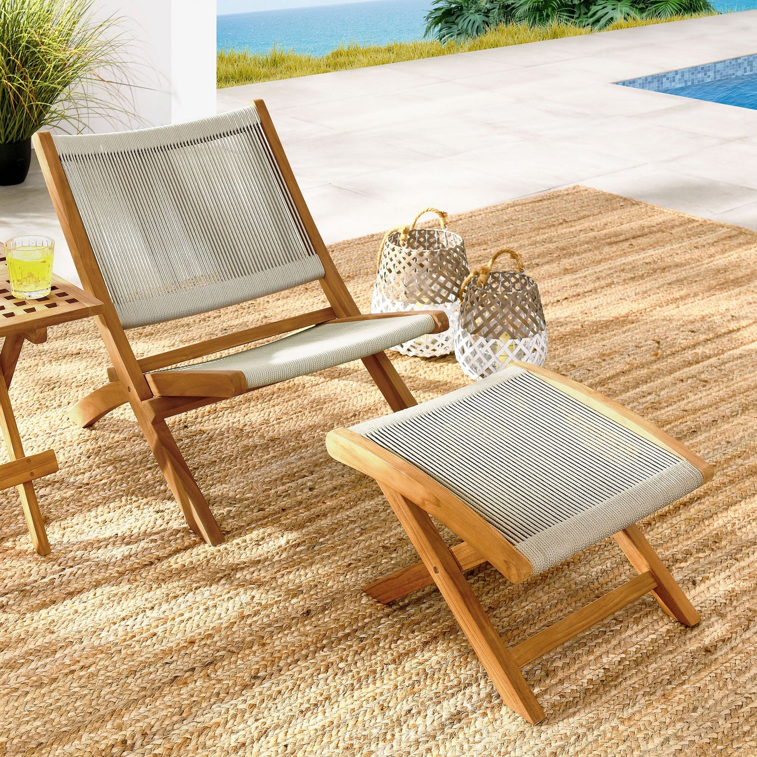 Vienna 2-Piece Outdoor Patio Teak and Rope Folding Accent Lounge Chair and Ottoman Set By HouseBean