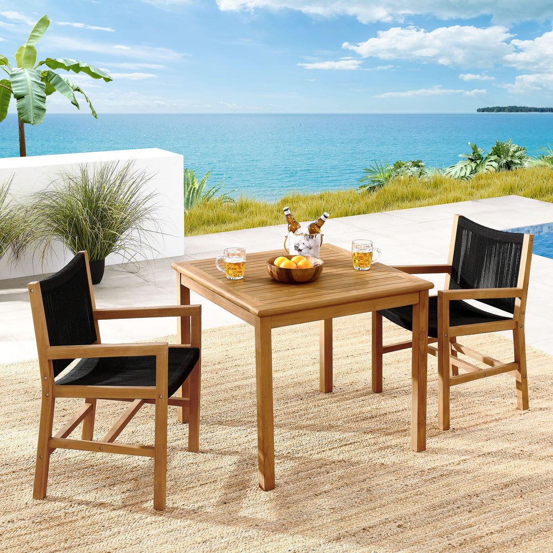 Vienna 3-Piece Outdoor Patio Teak and Rope Dining Set with Armchairs By HouseBean