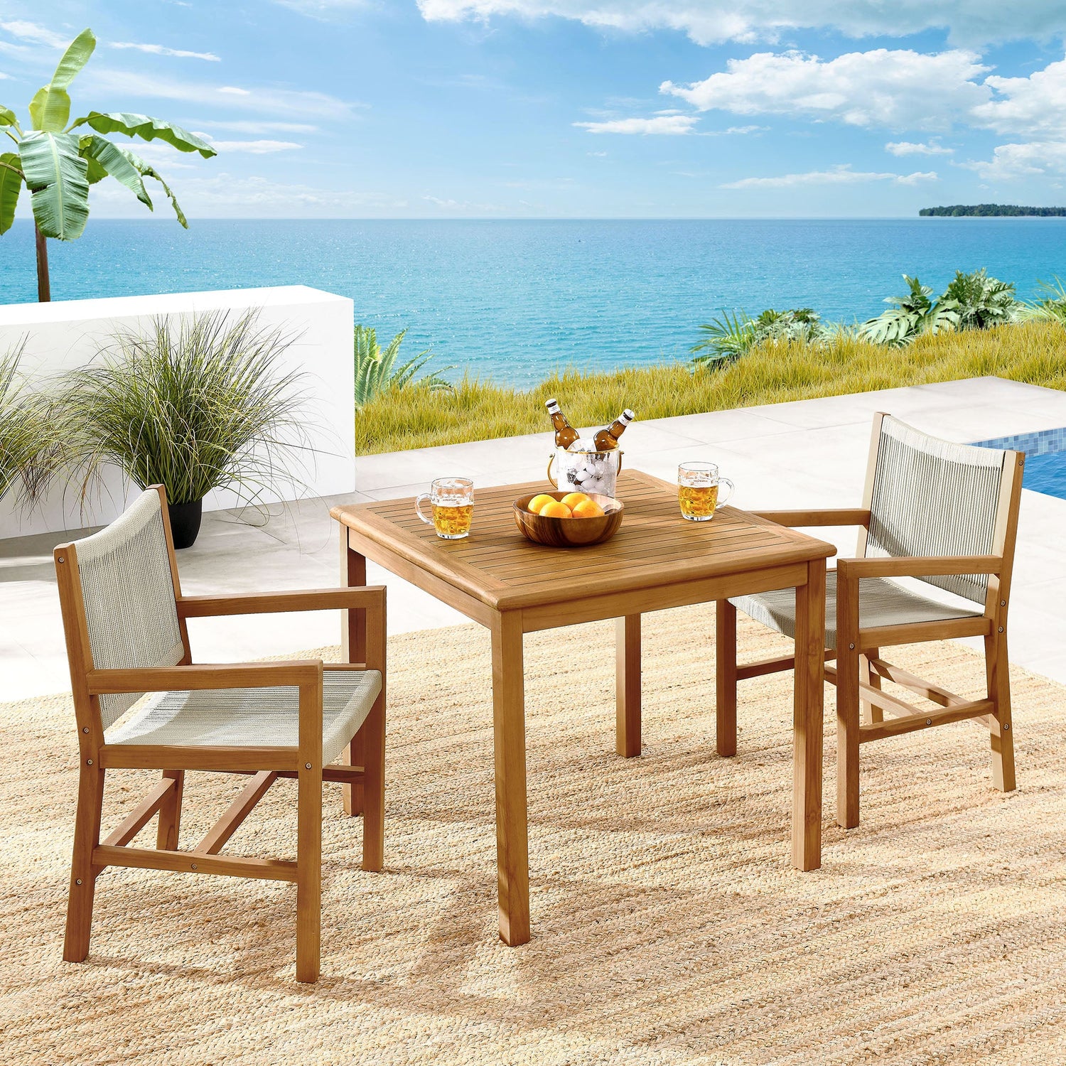 Vienna 3-Piece Outdoor Patio Teak and Rope Dining Set with Armchairs By HouseBean