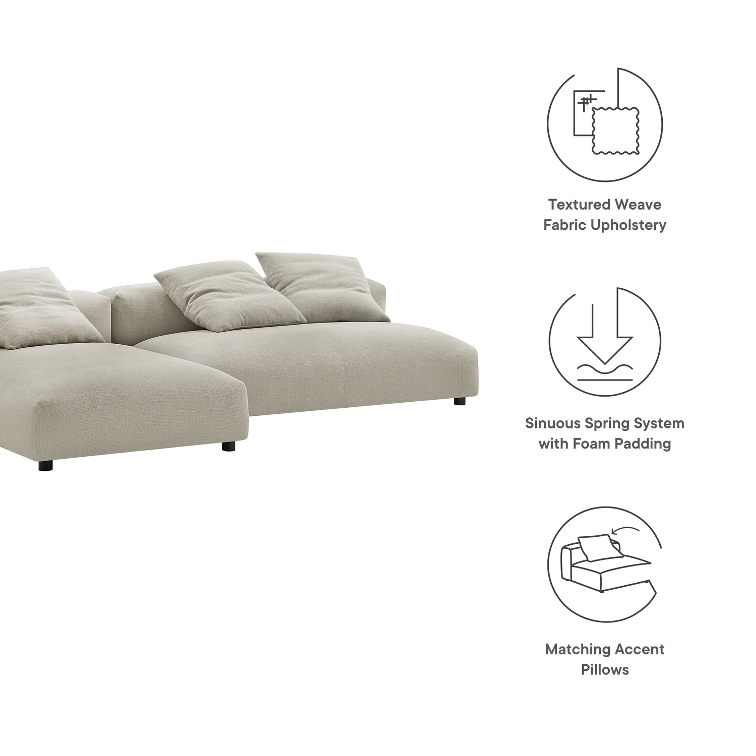 Solace 2-Piece Modular Upholstered Fabric Sectional Sofa With Chaise