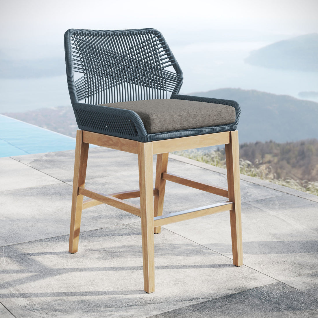 Wellspring Outdoor Patio Teak and Rope Counter Stool By HouseBean