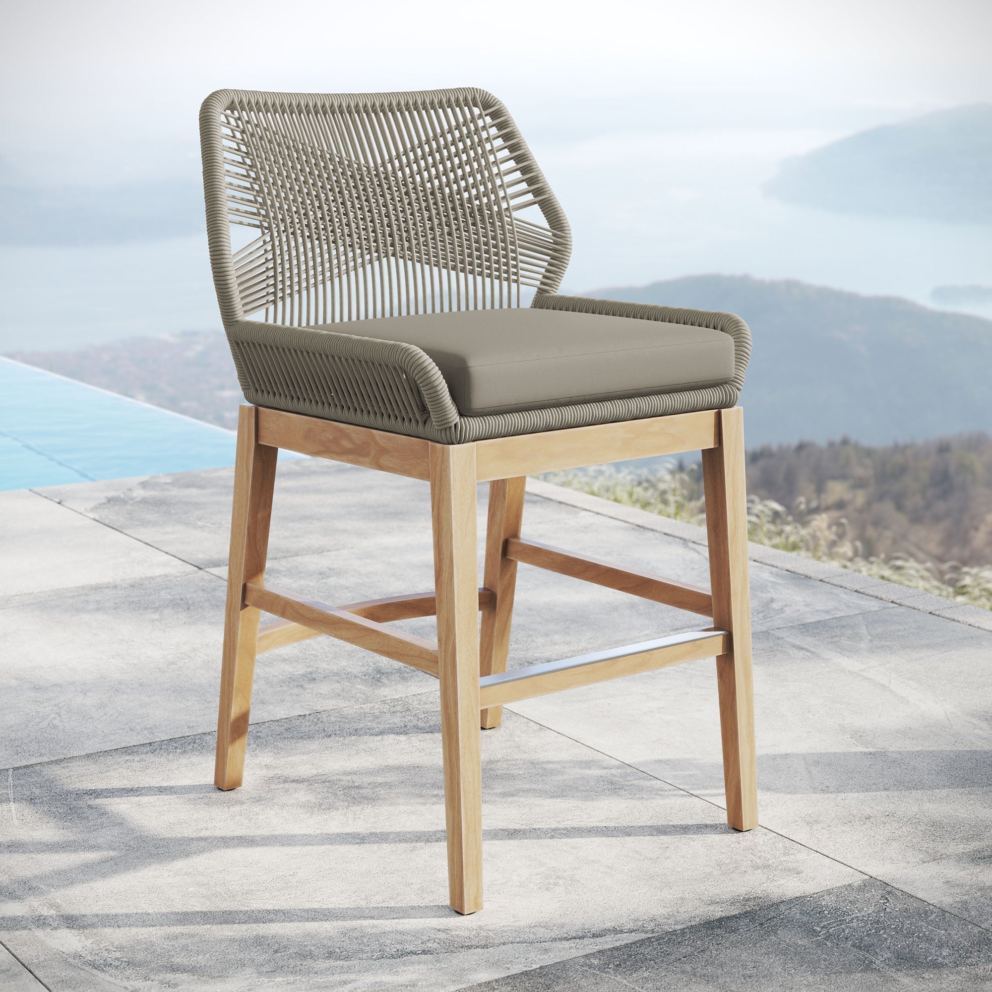 Wellspring Outdoor Patio Teak and Rope Counter Stool By HouseBean