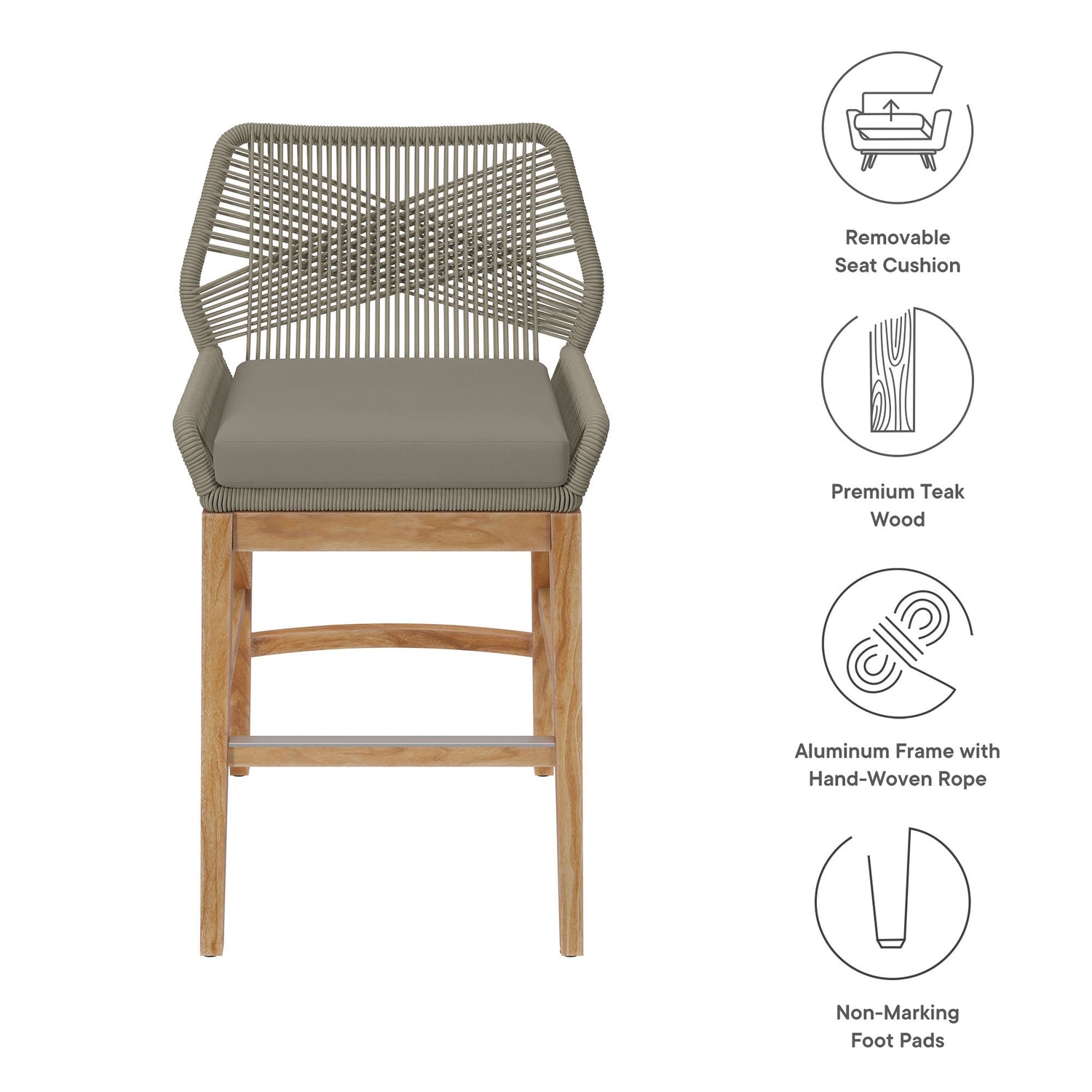 Wellspring Outdoor Patio Teak and Rope Counter Stool By HouseBean