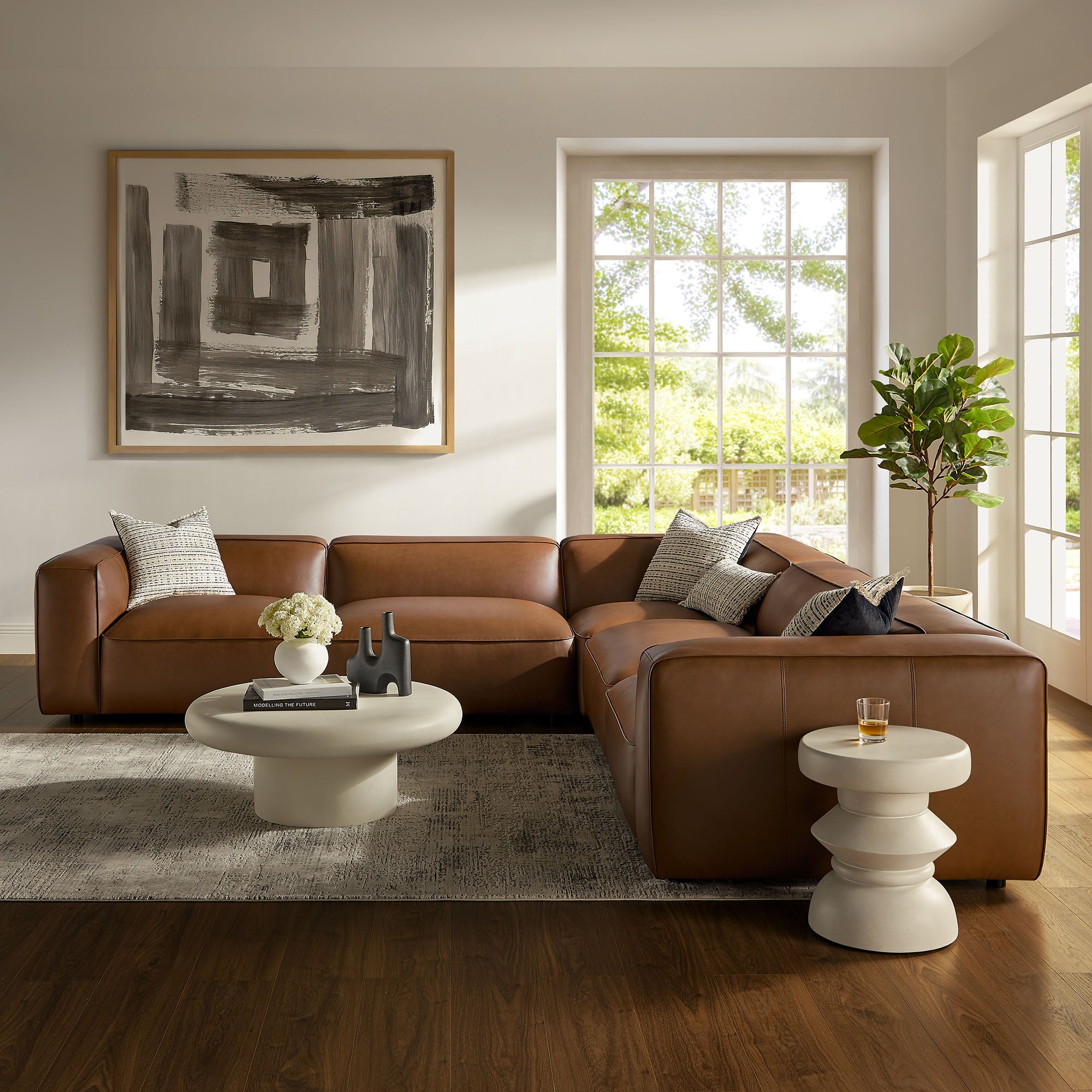 Auren 5-Piece Upholstered Vegan Leather Modular L-Shaped Sofa by Modway