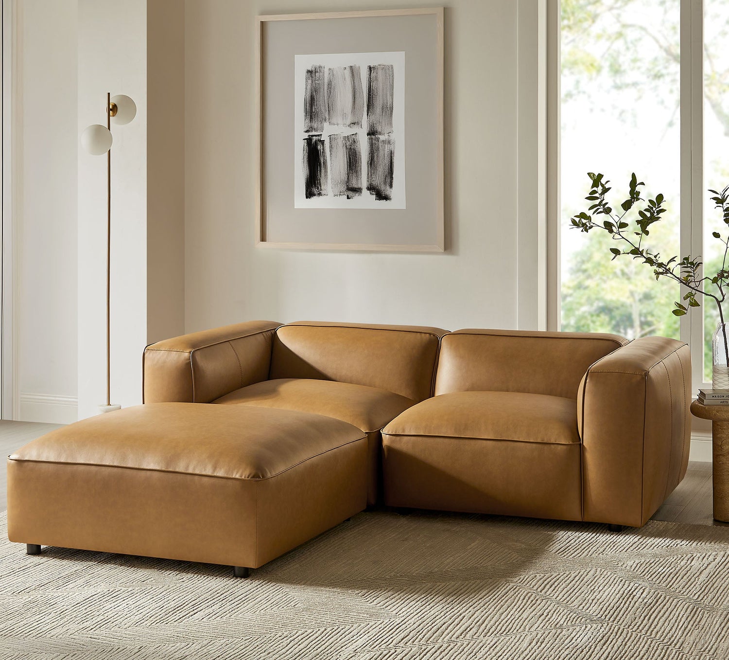 Auren 3-Piece Upholstered Vegan Leather Modular Loveseat with Ottoman by Modway