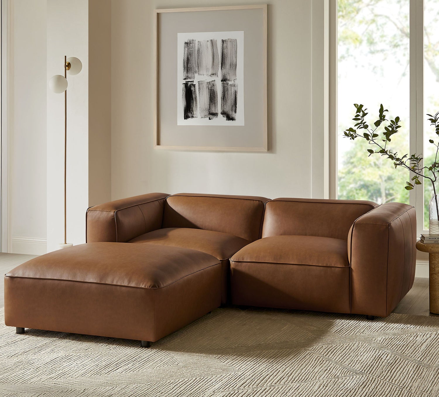 Auren 3-Piece Upholstered Vegan Leather Modular Loveseat with Ottoman by Modway