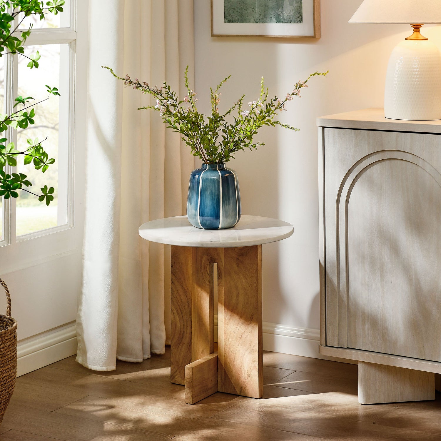 Tarin Acacia Wood and Marble Side Table by Modway