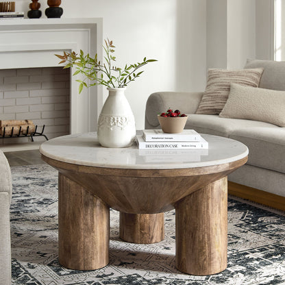 Ellison 33&quot; Round Wood Coffee Table With Marble Top by Modway