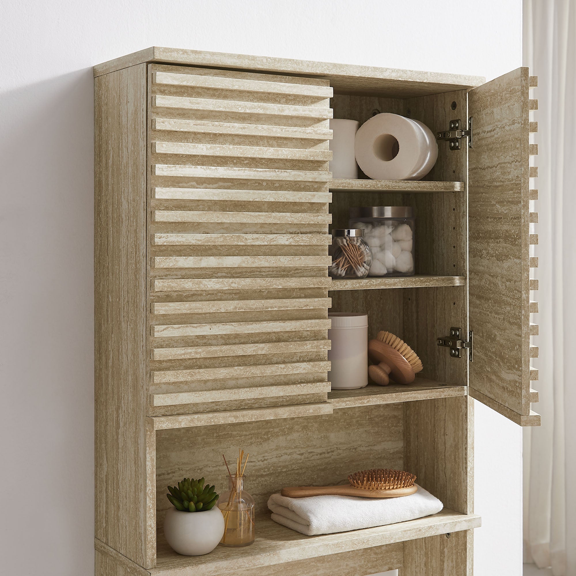 Render Over the Toilet Faux Travertine Bathroom Storage Cabinet By HouseBean