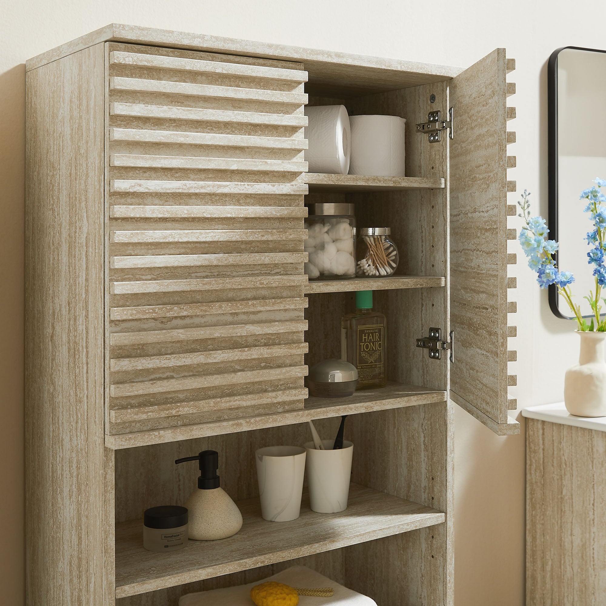 Render Tall Faux Travertine Linen Storage Cabinet By HouseBean