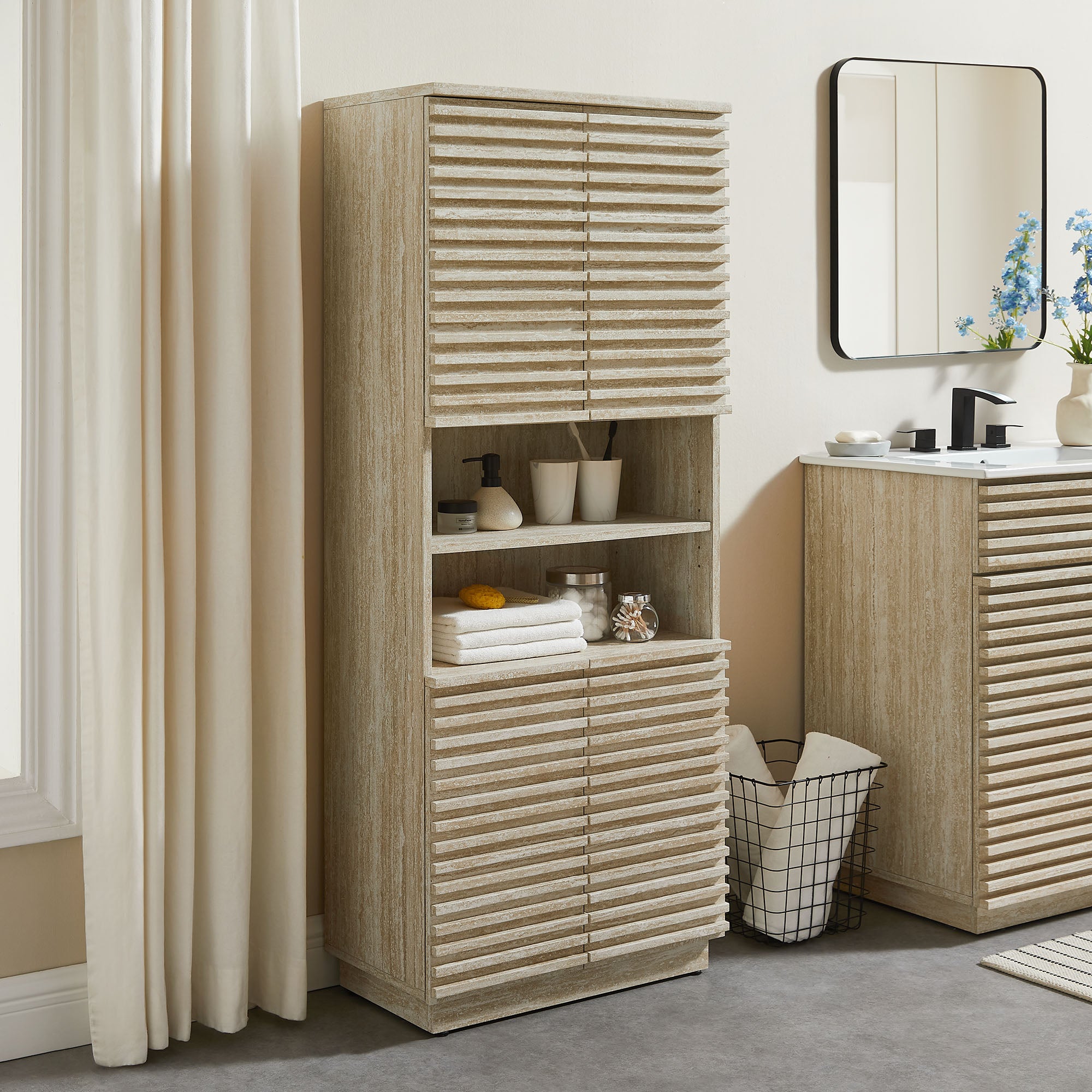 Render Tall Faux Travertine Linen Storage Cabinet By HouseBean