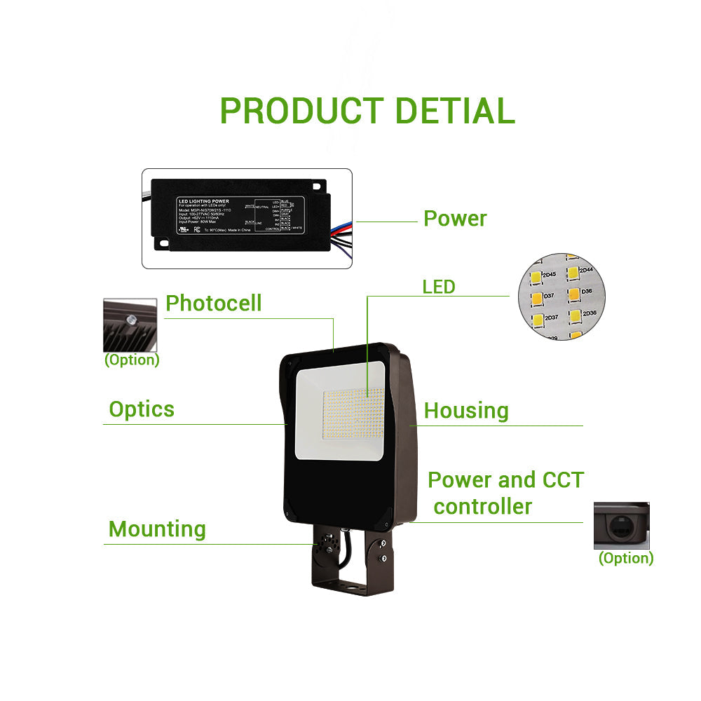 40W LED Flood Light - Slipfitter Mount, CCT Changeable (3000K/4000K/5000K), 6000 Lumens, AC120-277V, 0-10V Dimmable, UL and DLC Premium Listed - Black