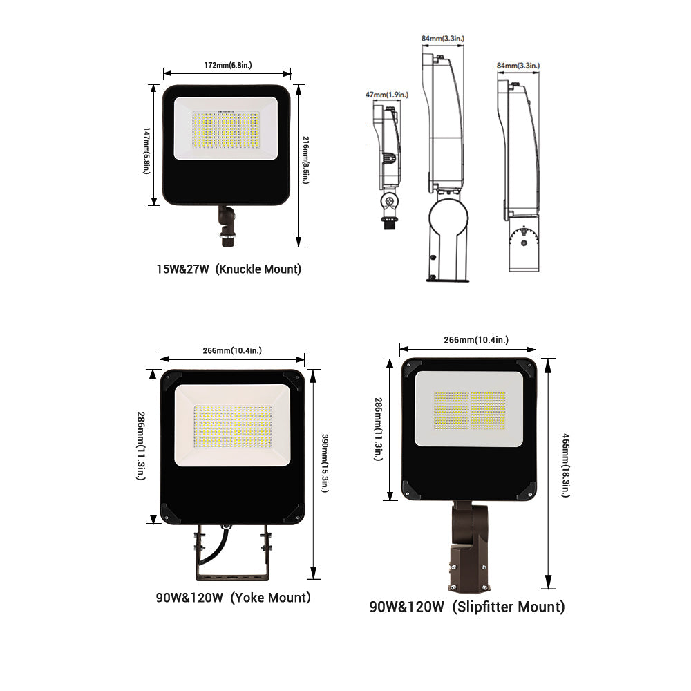 15W LED Flood Light - Knuckle Mount, CCT Changeable (3000K/4000K/5000K), 2300 Lumens, AC120-277V, 0-10V Dimmable, UL and DLC Premium Listed - Black