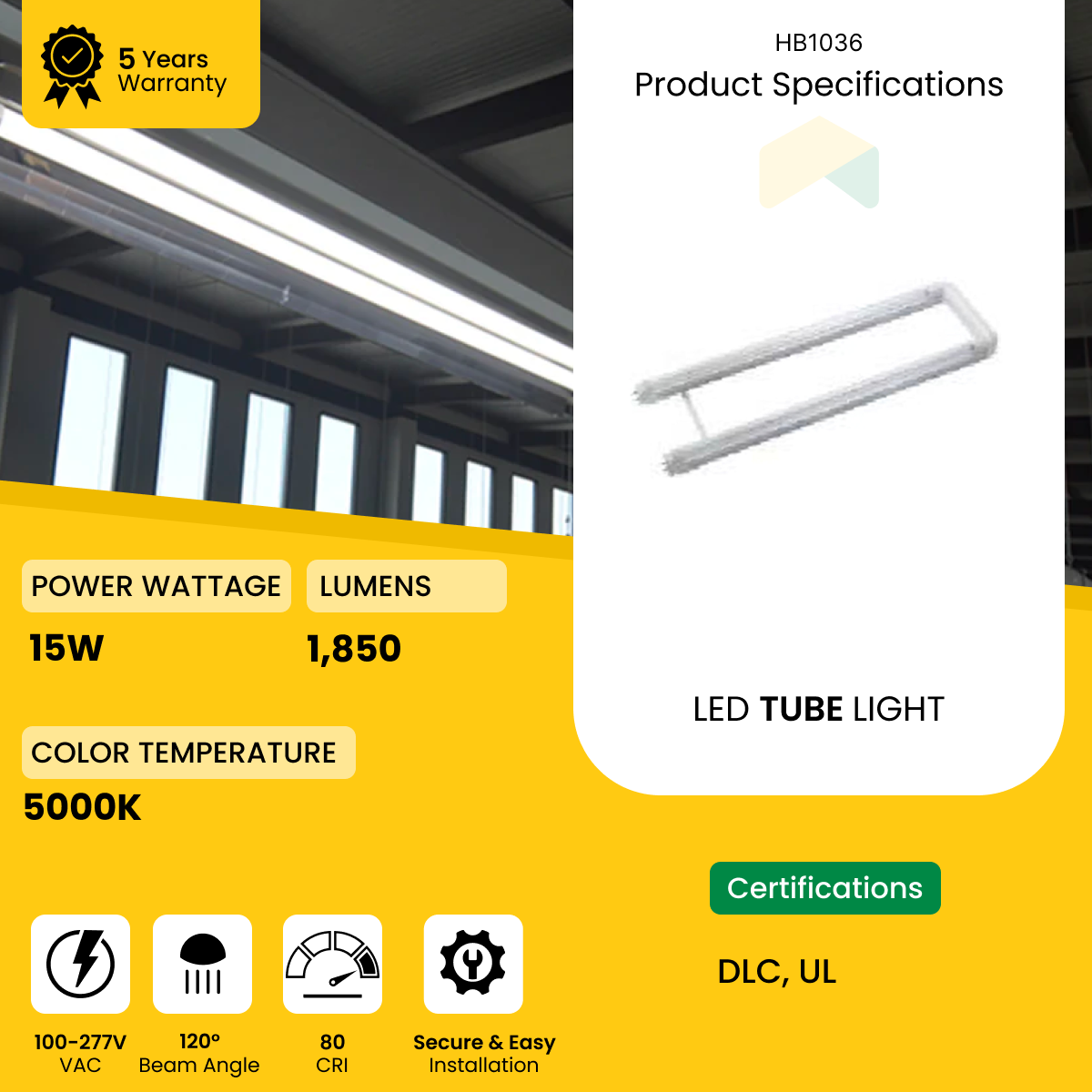 2ft U-Shaped UL Type C T8 LED Tube - 15W - 5000K - 2340 Lumens - 100-277VAC,  Aluminum Housing, External Driver, Frosted Lens - 10 Pack Success