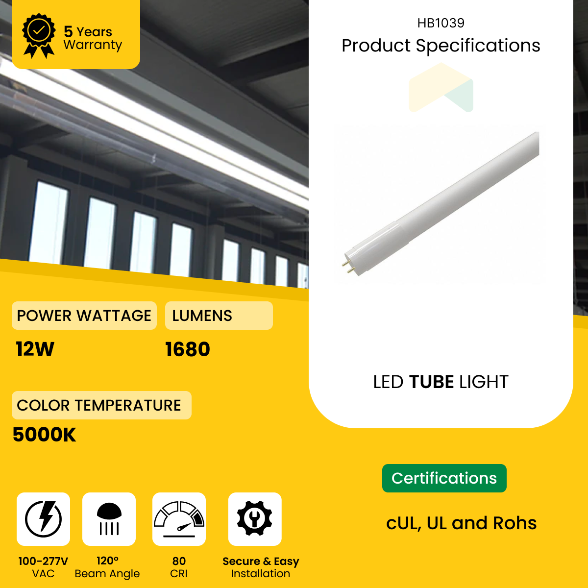 4ft T8P LED Tube - 12W, 5000K, 100-277VAC, 1560 Lumens, Nano Plastics Housing, External Driver, Frosted Lens - 42 Pack