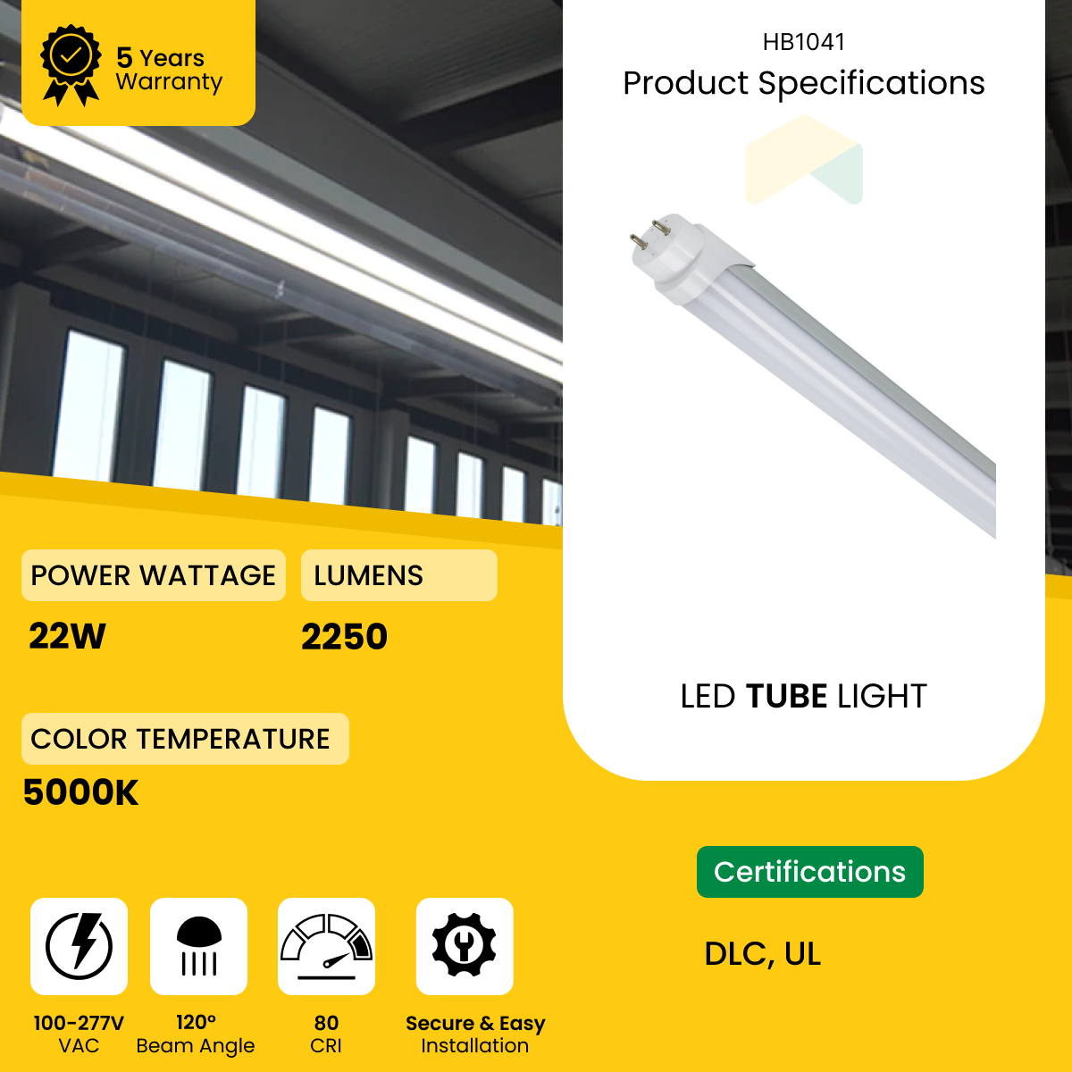 4ft UL Type C T8 LED Tube - 22W, 5000K, 100-277VAC, 2860 Lumens, Aluminum Housing, External Driver, Frosted Lens - 30 Pack