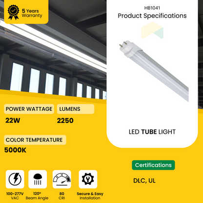 4ft UL Type C T8 LED Tube - 22W, 5000K, 100-277VAC, 2860 Lumens, Aluminum Housing, External Driver, Frosted Lens - 30 Pack