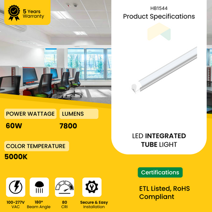 8ft LED Integrated Tube - 60W - AC120V - 5000K - 7800 Lumens, Traic Dimmable - Frosted Linkable Tube - AC 120-277V - 0-10V Dimmable - IP66 - UL Listed - DLC Premium Listed - 5 Years Warranty - 1 Piece