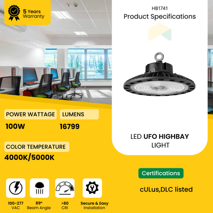 UFO LED Highbay Light - 100W - 4000K, 0-10V Dimmable - AC120-277V, 24000 Lumens, UL, DLC 5.1 Premium IP65,Hook Mount,Shop Lights,Garage,Factory,Warehouse,Workshop,Area Light.