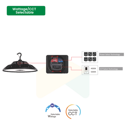 UFO LED High Bay Light 240W/270W/310W Wattage Adjustable, 4000/5000K CCT Changeable, 47430LM, 0-10V Dim, With sensor base, 120-277VAC DLC 5.1 Premium, Black, For Warehouse Workshop Factory Barn Garage Gymnasium Airport