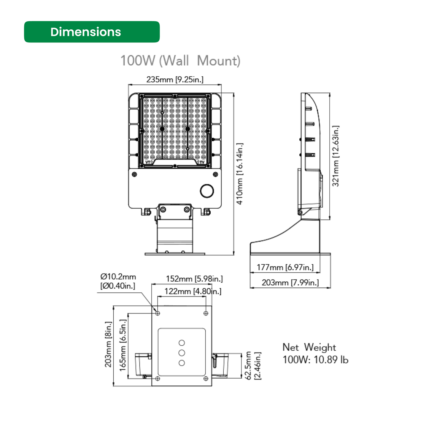 100W LED Shoebox Light with Photocell - Wall Mount - 5000K, 14200 Lumens, AC120-277V - 0-10V Dimmable, IP65 - UL Listed - DLC Premium Listed - 5 Years Warranty