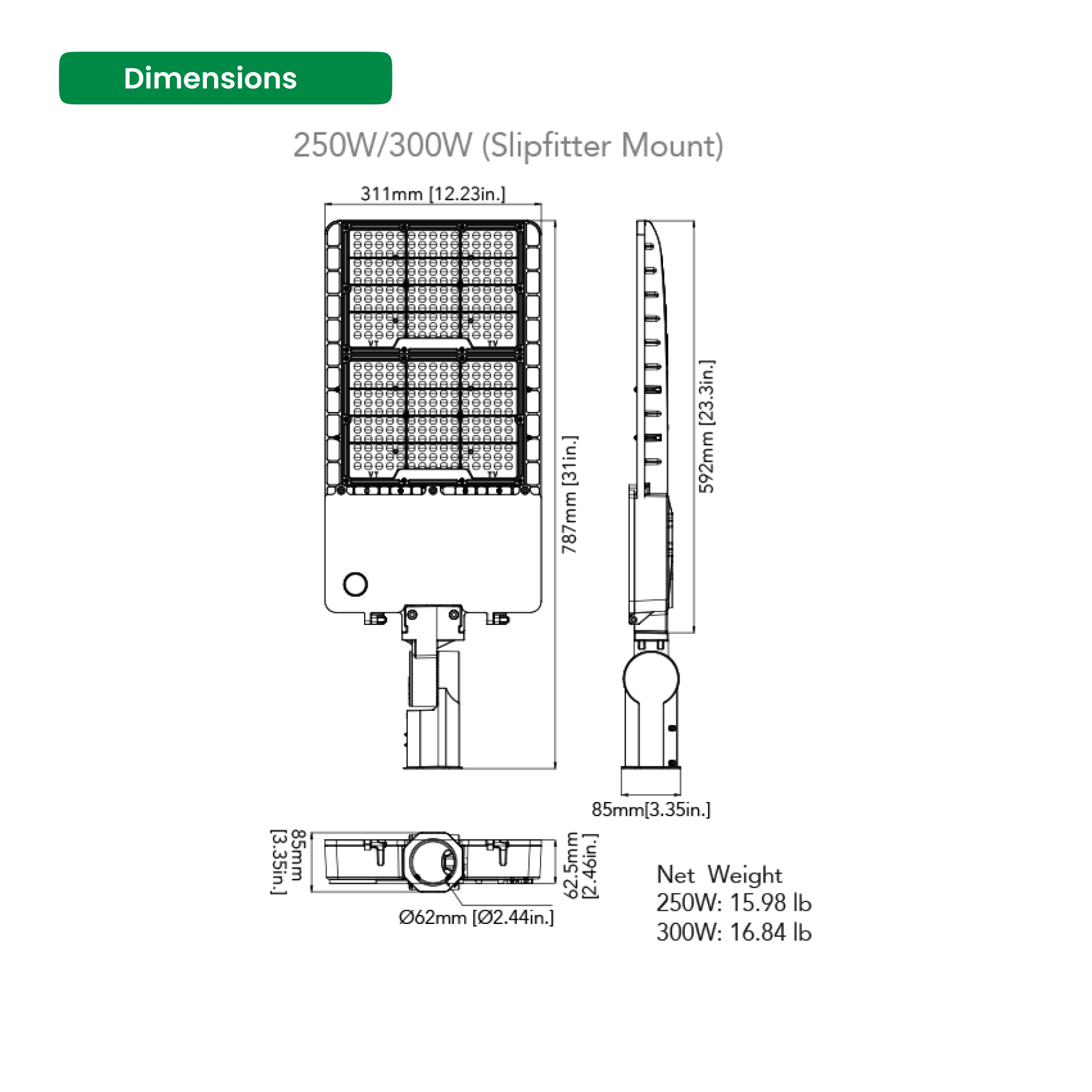 250W LED Shoebox Light - Slipfitter Mount - 4000K, 36000 Lumens, AC347-480V High Voltage - 1-10V Dimmable, IP65 - UL Listed - DLC Premium Listed - 5 Years Warranty