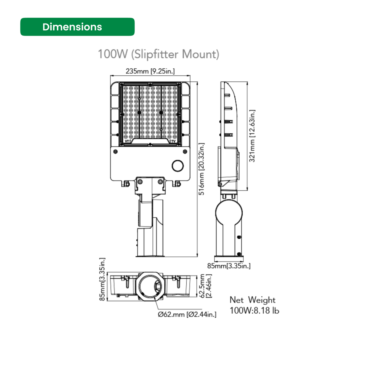 100W LED Shoebox Light - Slipfitter Mount - 4000K, 14200 Lumens, AC347-480V High Voltage - 1-10V Dimmable, IP65 - UL Listed - DLC Premium Listed - 5 Years Warranty