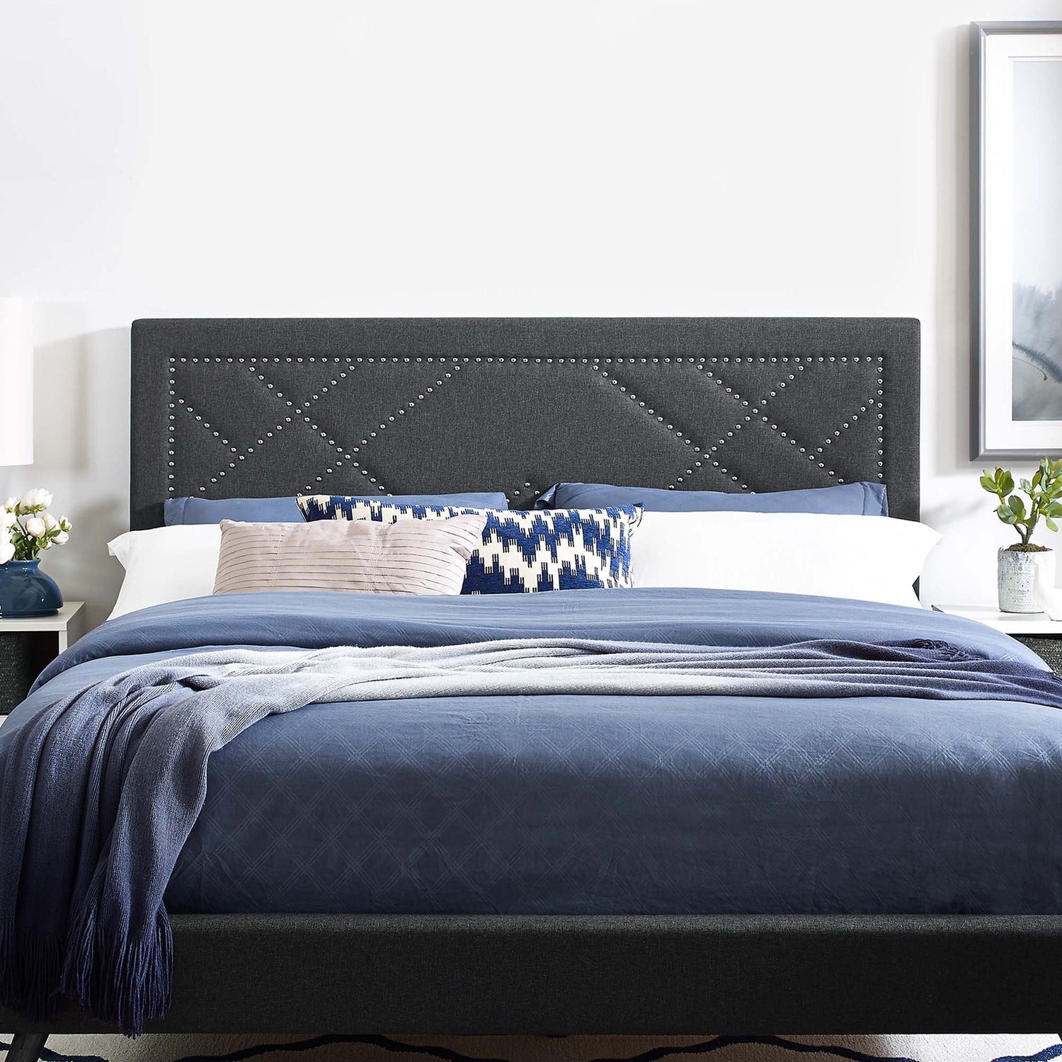 Reese Nailhead Upholstered Linen Fabric Headboard by Modway