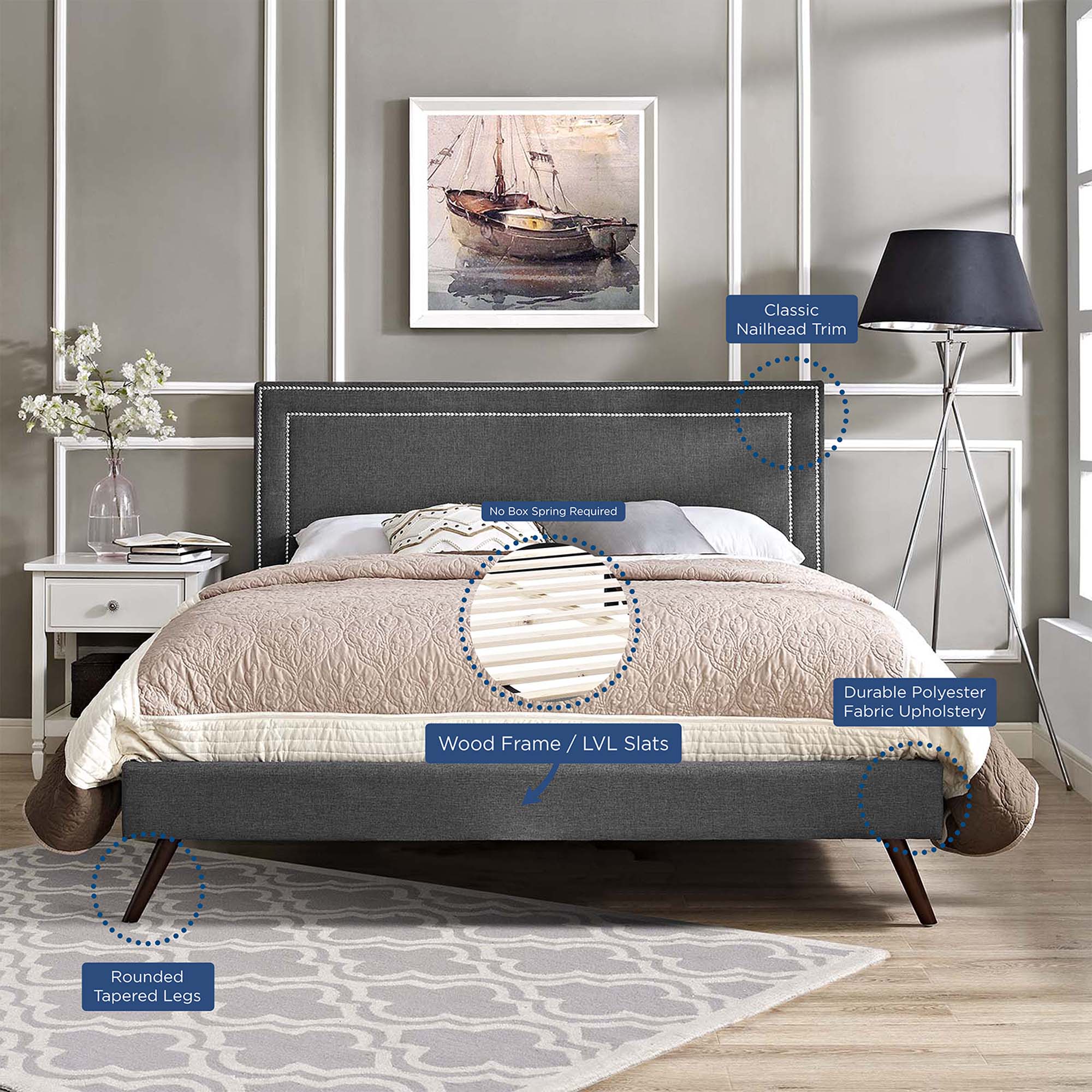 Virginia Fabric Platform Bed with Round Splayed Legs by Modway