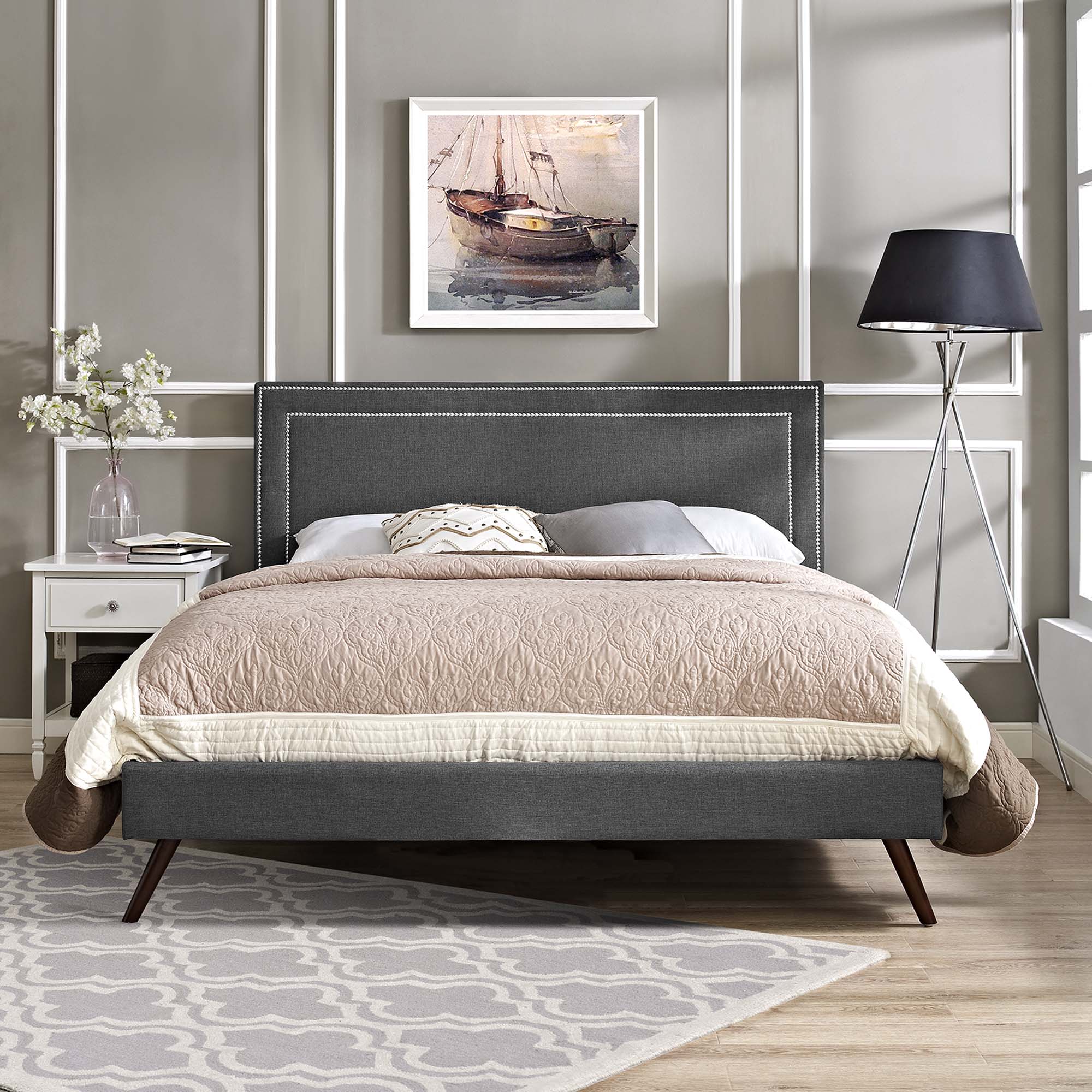 Virginia Fabric Platform Bed with Round Splayed Legs by Modway