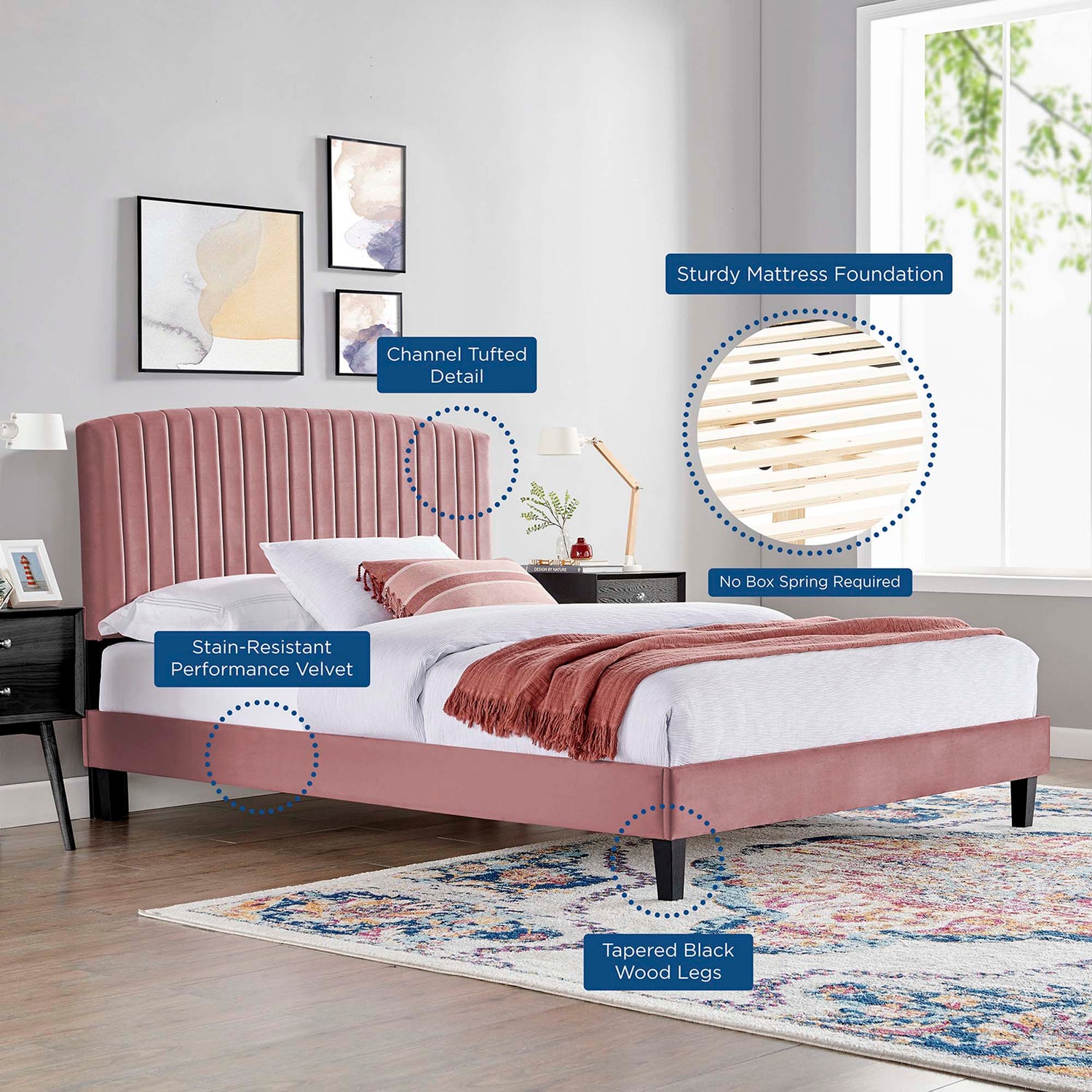 Alessi Performance Velvet Platform Bed With Black Wood Legs by Modway