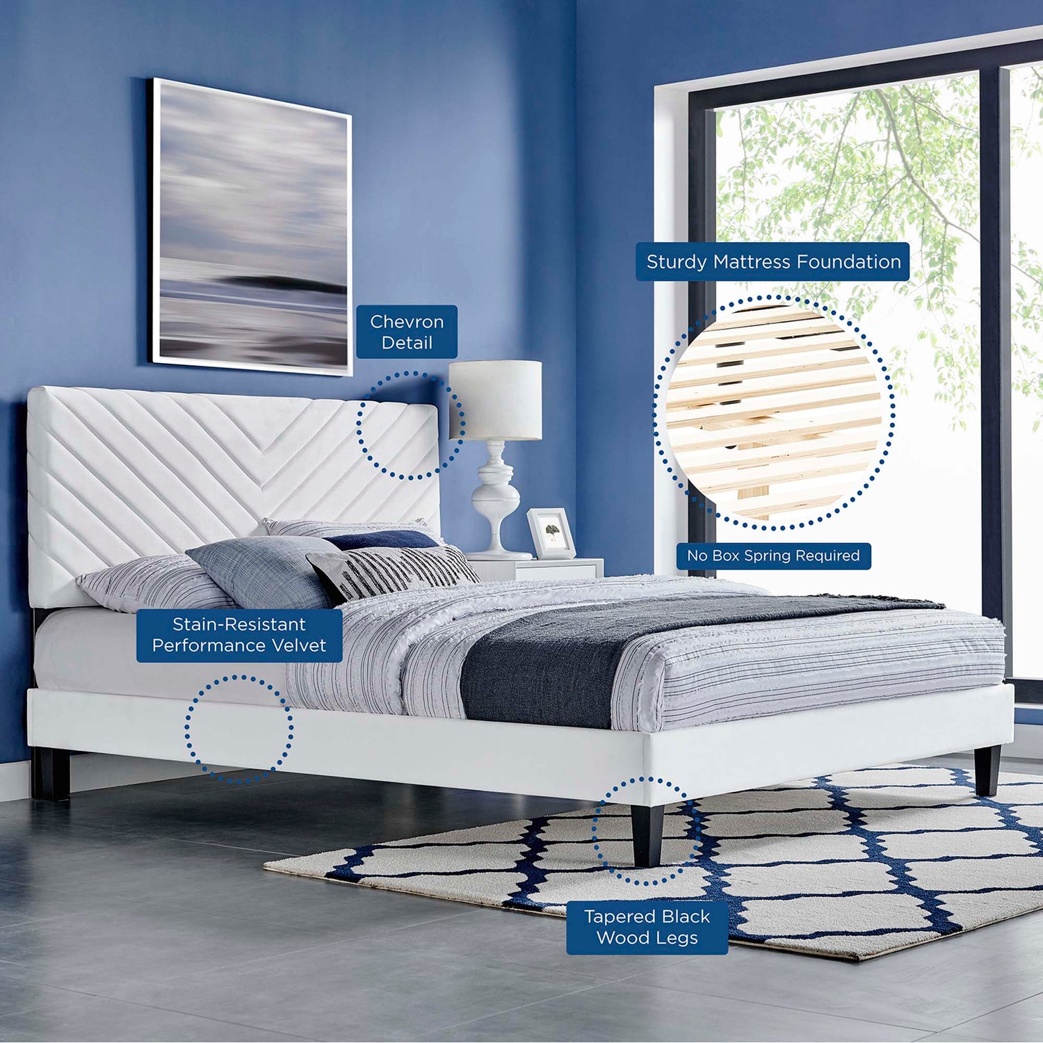 Roxanne Performance Velvet Platform Bed With Black Wood Legs by Modway